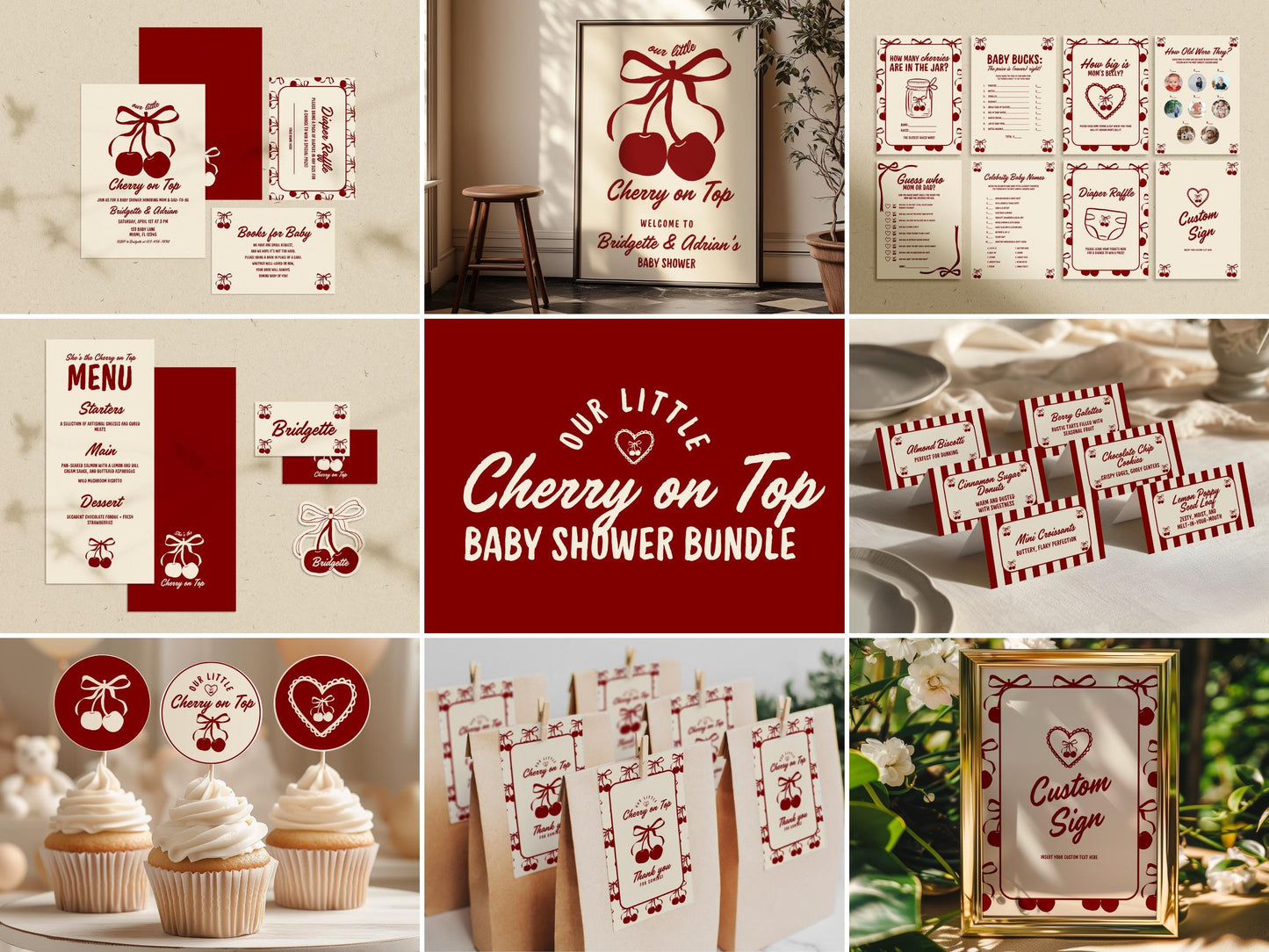 Cherry On Top Baby Shower Bundle Templates Cherry Themed Baby Shower Coquette Cherry Bow Baby Sprinkle Hand Drawn Whimsical Doodles Cherry