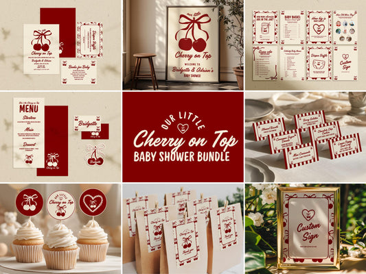 Cherry On Top Baby Shower Bundle Templates Hand Drawn Cherry Baby Shower Invitation Template Editable Welcome Sign Cherry Baby Shower Games