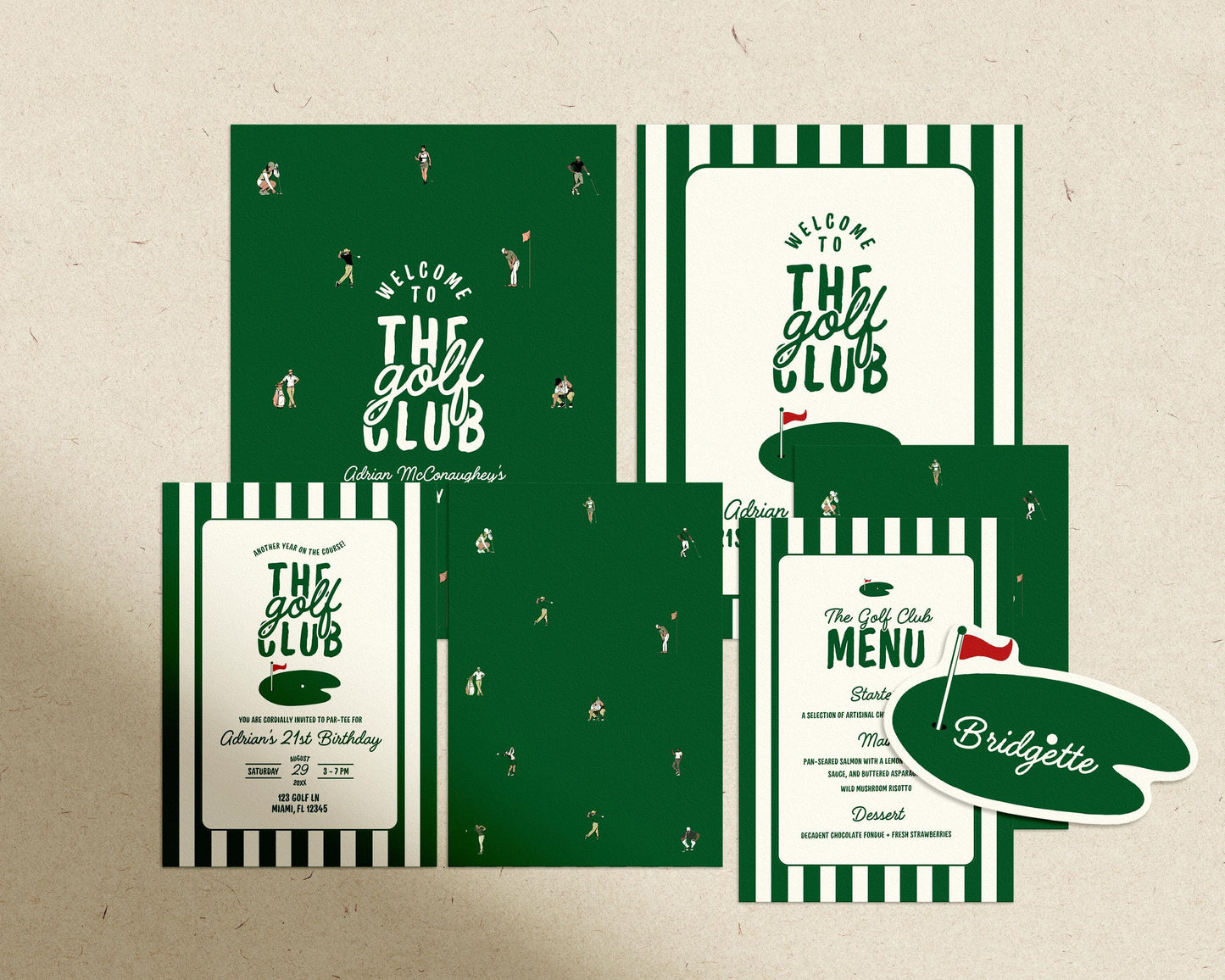Vintage Golf Birthday Bundle Template Old Money Country Club Invitation Editable Golf Welcome Sign Let's Par-Tee Country Club Menu Elegant