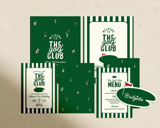 Vintage Golf Birthday Bundle Template Old Money Country Club Invitation Editable Golf Welcome Sign Let's Par-Tee Country Club Menu Elegant