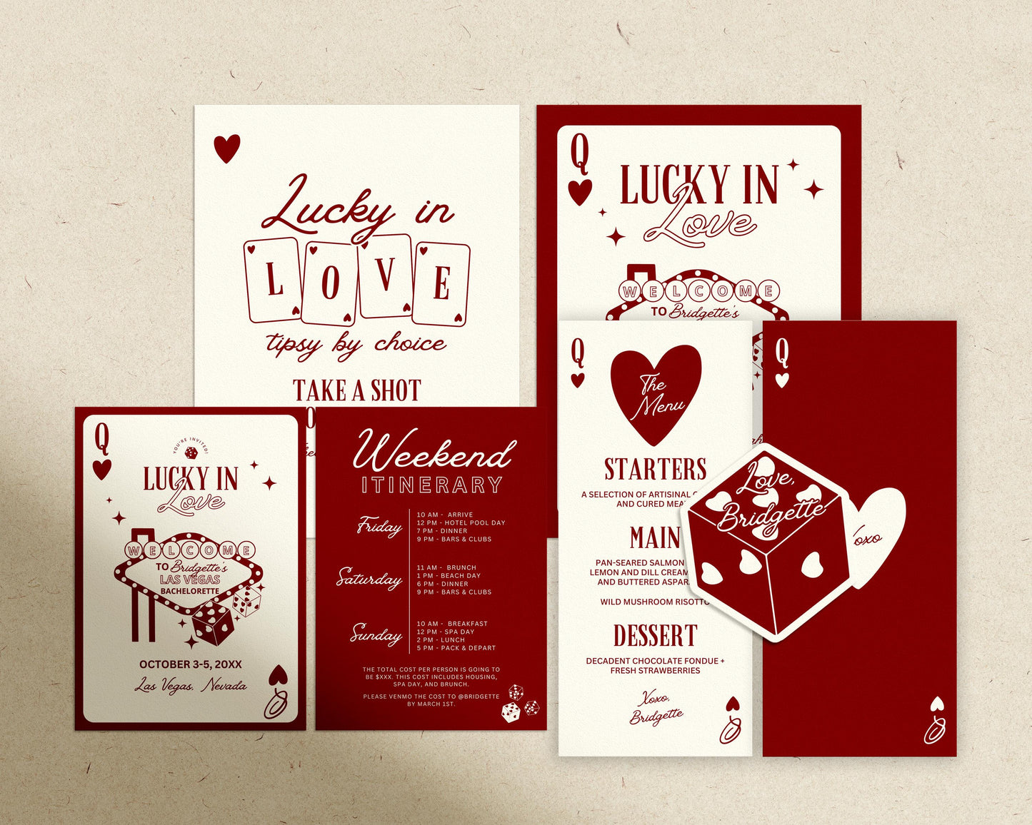Vegas Bachelorette Bundle Templates Lucky in Love Invitation Playing Card Vintage Vegas Wedding Retro Vegas Welcome Sign Vegas Menu Design
