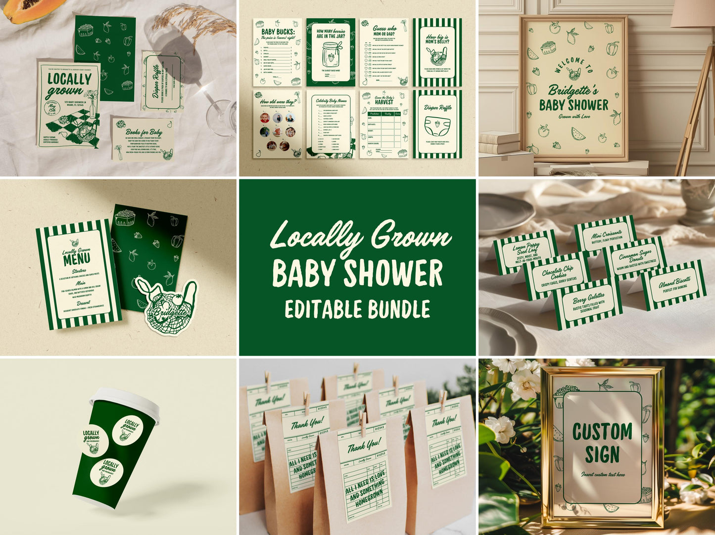Locally Grown Baby Shower Bundle Templates Editable Farmers Market Baby Shower Invitation Hand Drawn Locally Grown Baby Shower Decor Signs