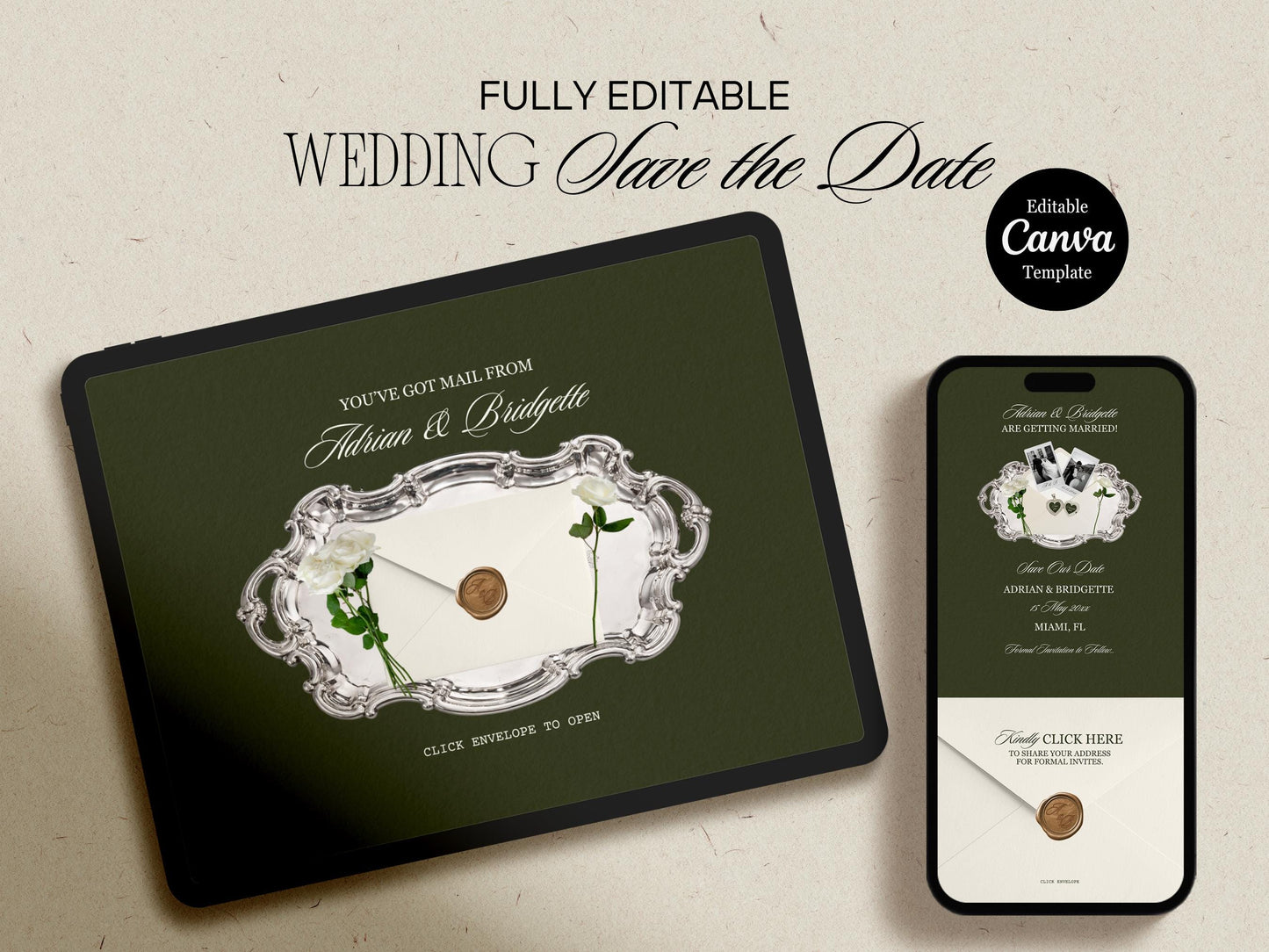 Old Money Save the Date Website Template Editable Dark Olive Green Canva Digital Save the Date with RSVP Old Money Wedding Website Template