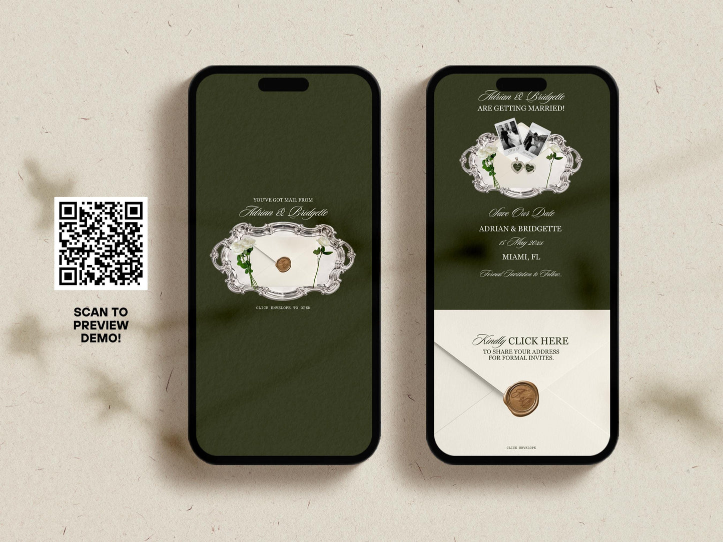 Old Money Save the Date Website Template Editable Dark Olive Green Canva Digital Save the Date with RSVP Old Money Wedding Website Template