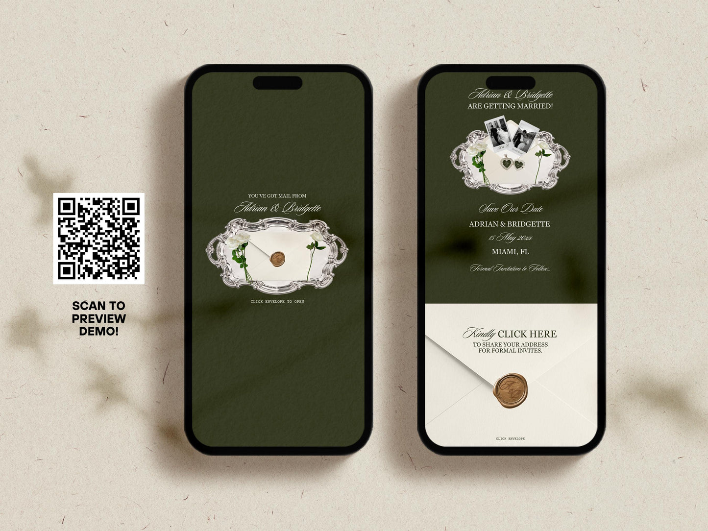 Old Money Save the Date Website Template Editable Dark Olive Green Canva Digital Save the Date with RSVP Old Money Wedding Website Template