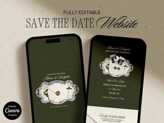 Old Money Save the Date Website Template Editable Dark Olive Green Canva Digital Save the Date with RSVP Old Money Wedding Website Template