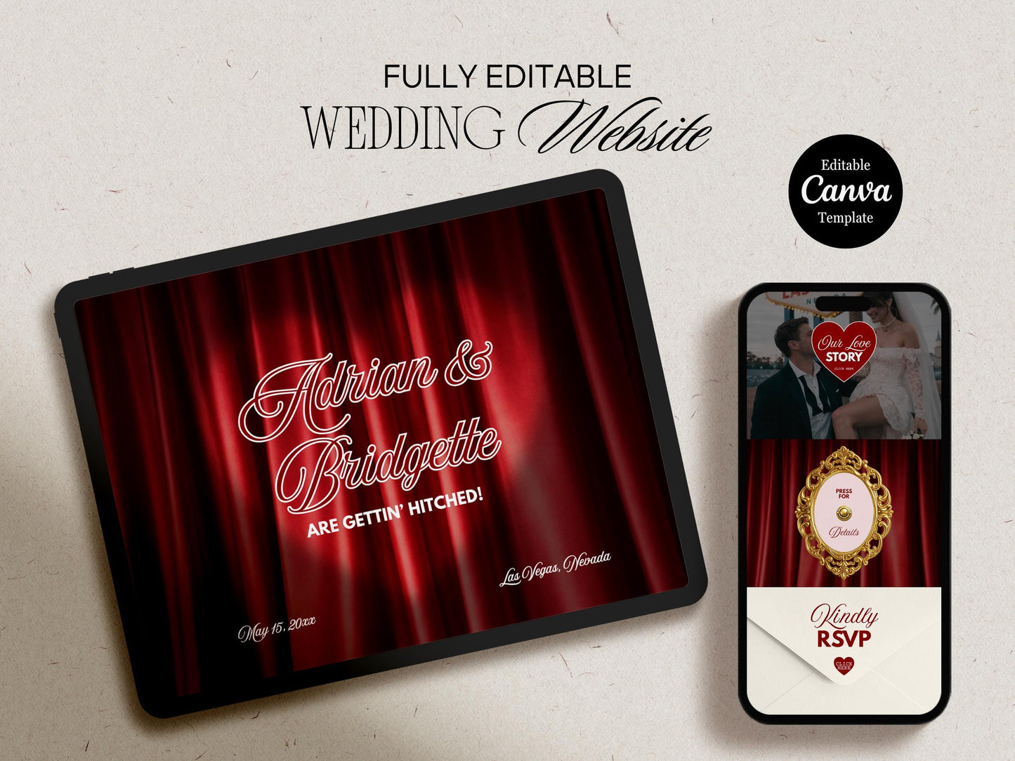 Vegas Wedding Website Template Digital Wedding Invitation RSVP Google Form Retro Vegas Wedding Canva Website Template Lucky in Love Wedding