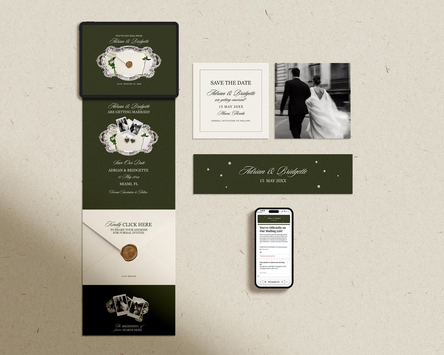 Old Money Save the Date Website Template Editable Dark Olive Green Canva Digital Save the Date with RSVP Old Money Wedding Website Template