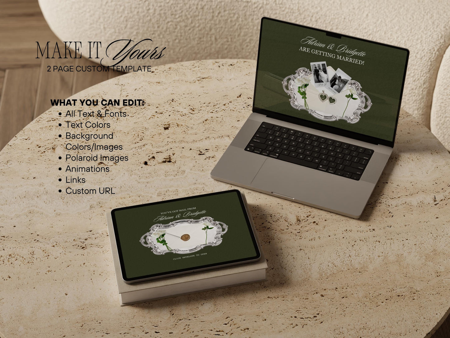 Old Money Save the Date Website Template Editable Dark Olive Green Canva Digital Save the Date with RSVP Old Money Wedding Website Template