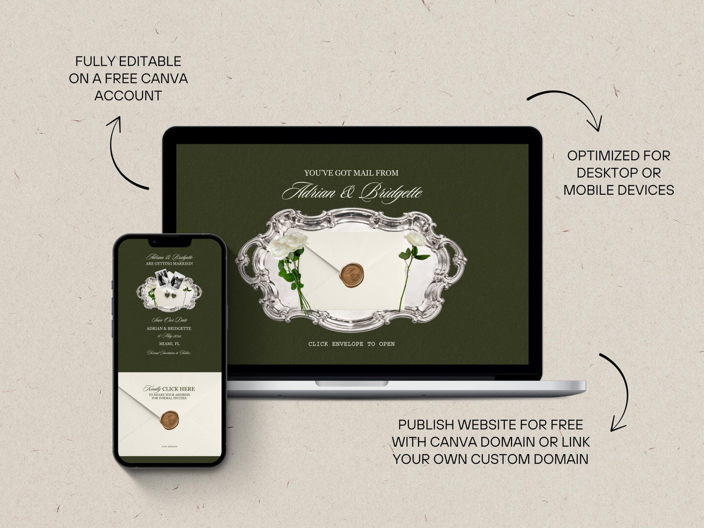 Old Money Save the Date Website Template Editable Dark Olive Green Canva Digital Save the Date with RSVP Old Money Wedding Website Template
