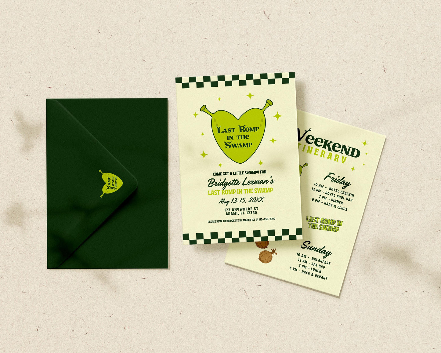 Same Swamp Forever Bachelorette Invitation Template Editable Last Romp in the Swamp Bachelorette Invite Funny Ogre Bachelorette Itinerary