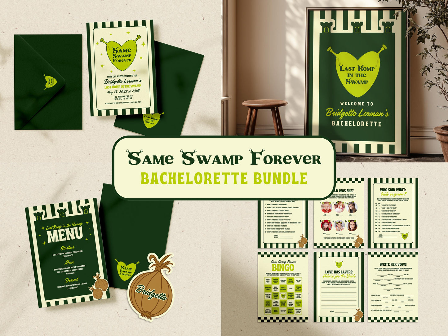 Last Romp in the Swamp Bachelorette Bundle Same Swamp Forever Editable Invitation Template Ogre Bachelorette Invite Itinerary Shrexy Ogre