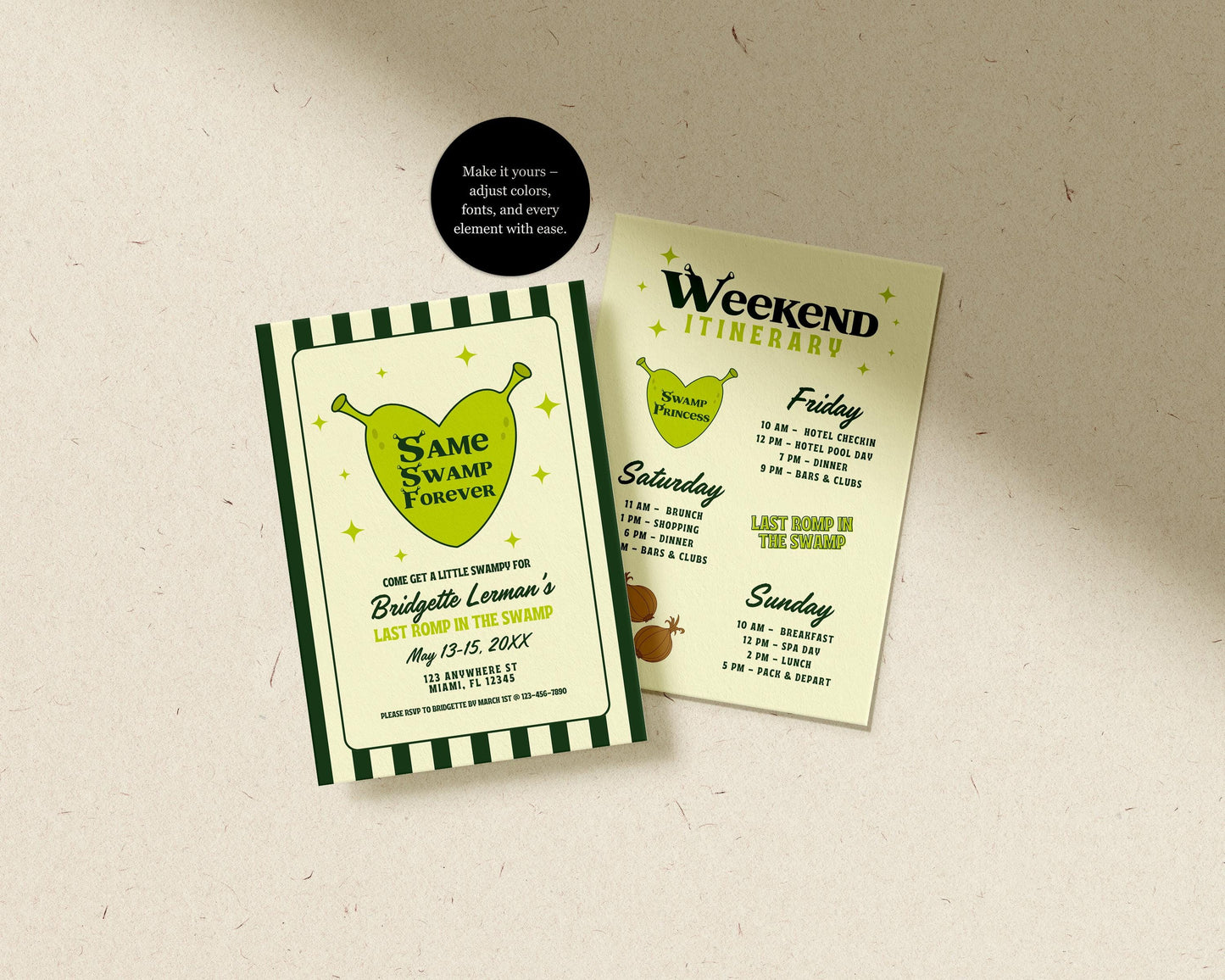 Last Romp in the Swamp Bachelorette Bundle Same Swamp Forever Editable Invitation Template Ogre Bachelorette Invite Itinerary Shrexy Ogre