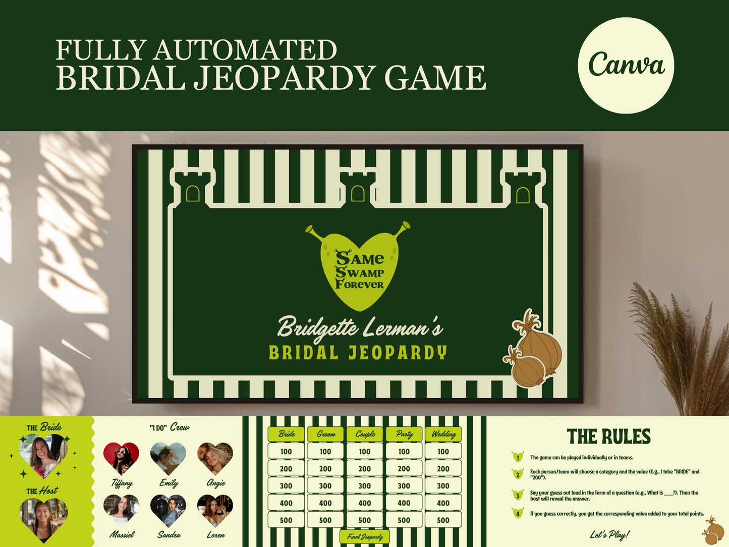 Last Romp in the Swamp Bachelorette Jeopardy Template Editable Same Swamp Forever Jeopardy Game Funny Ogre Bridal Shower Games Party Games