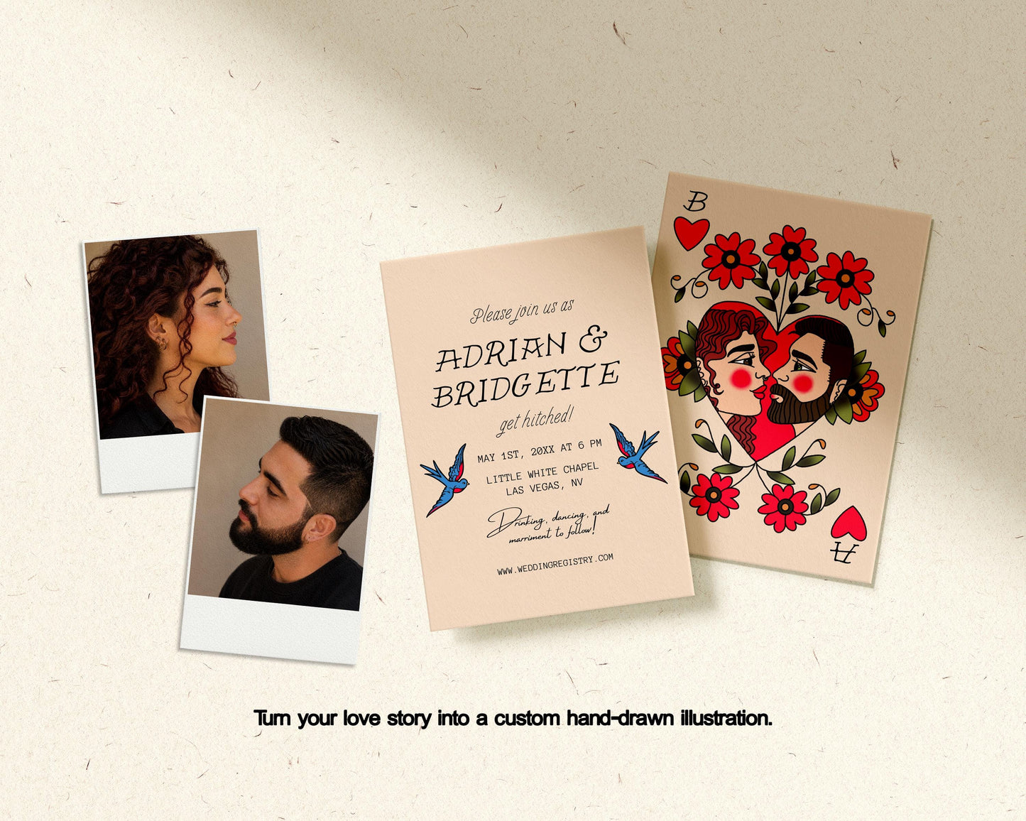 Custom Traditional Tattoo Couple Portrait Alternative Wedding Invitation Traditional Tattoo Illustration Custom Old School Tattoo Drawing