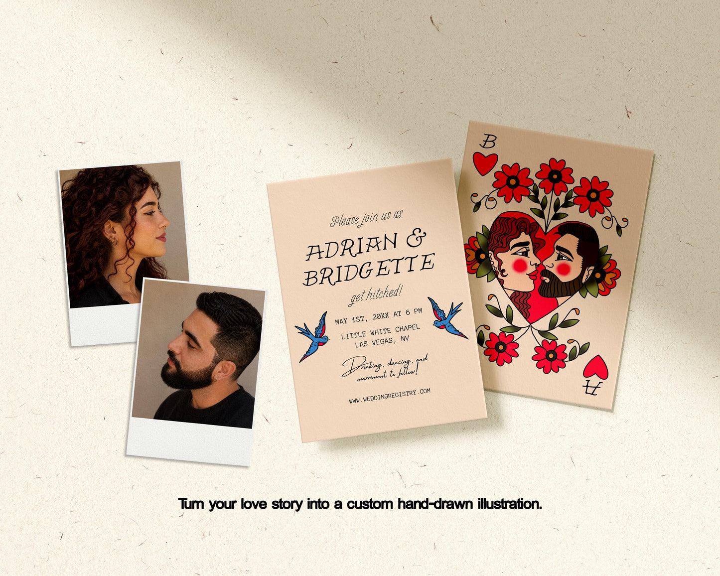 Custom Traditional Tattoo Couple Portrait Alternative Wedding Invitation Traditional Tattoo Illustration Custom Old School Tattoo Drawing