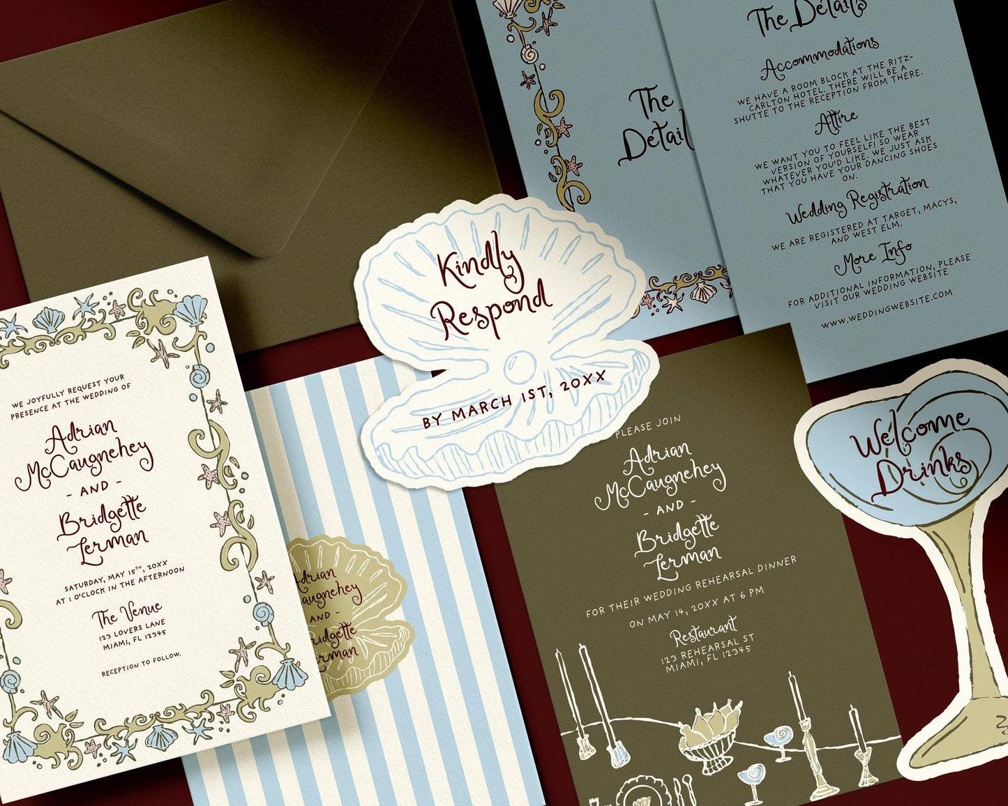 Coastal Wedding Bundle Templates Editable Seaside Wedding Invite Hand Drawn Beach Wedding Invitation Suite Whimsical Wedding Invite Colorful