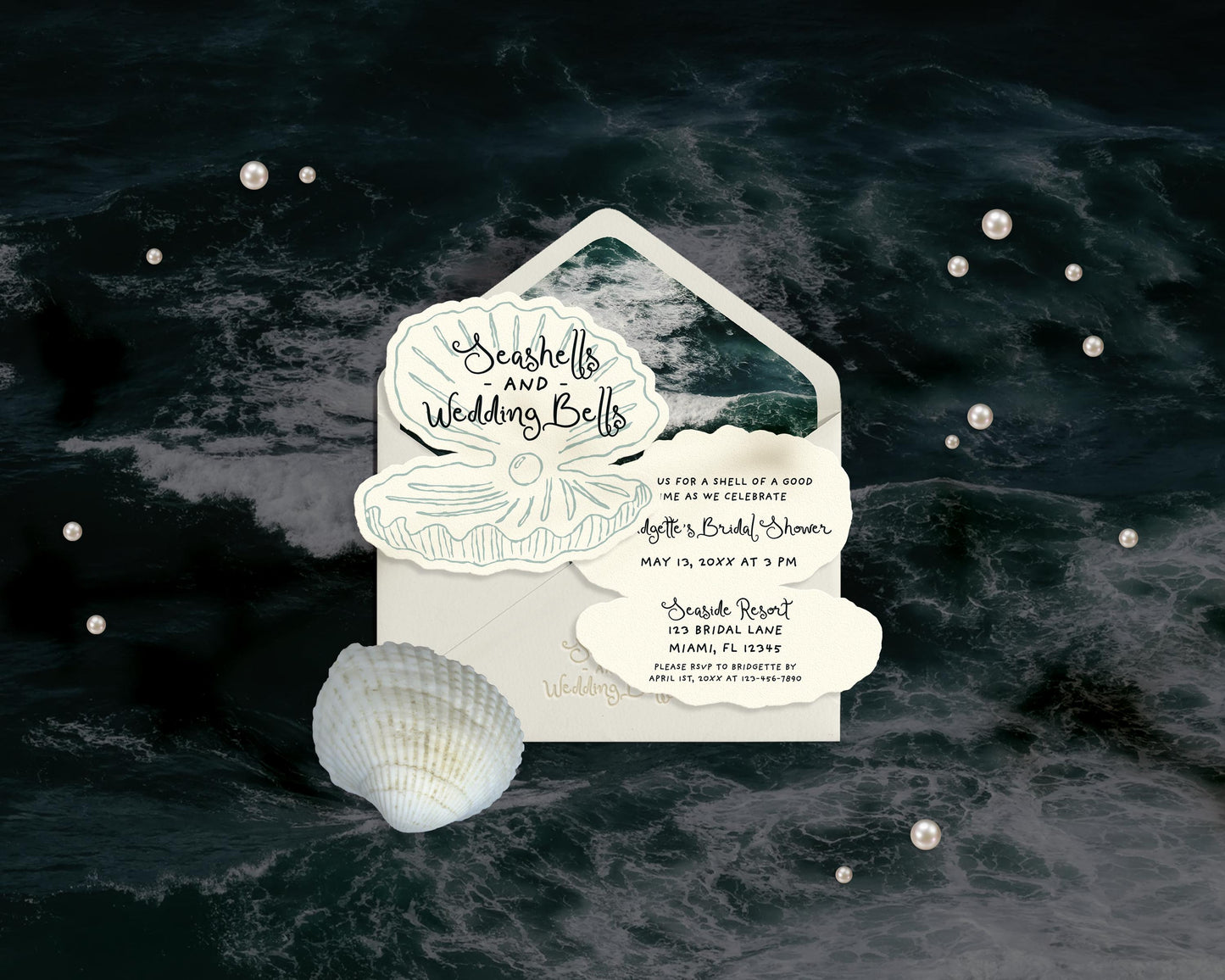 Seashells and Wedding Bells Bridal Shower Invitation Template Editable Beach Bridal Shower Invite Hand Drawn Coastal Bridal Shower Invite