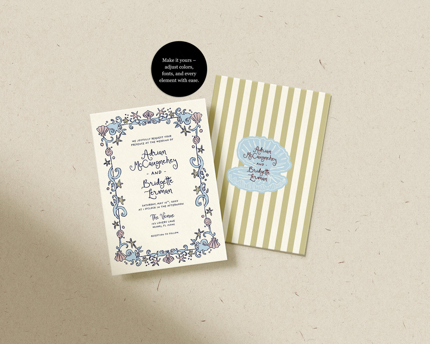 Coastal Wedding Bundle Templates Editable Seaside Wedding Invite Hand Drawn Beach Wedding Invitation Suite Whimsical Wedding Invite Colorful