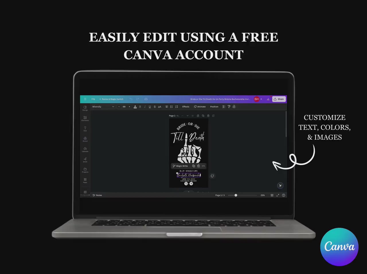Bride or Die Bachelorette Itinerary Template Punk Gothic Bachelorette Invitation Itinerary Mobile Invitation Editable Template Til Death
